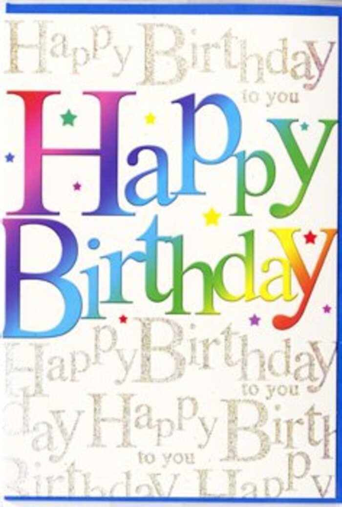 In the image, a richly designed birthday card radiates with the same warmth and colour you might spot in a window display near Dartmouth Park's leafy streets. Taking centre stage is the message Happy Birthday, rendered in large, softly rounded letters that arch gently across the card. Each letter is infused with a gradient of colour that seamlessly transitions from rich, fruity reds and pinks into glowing oranges, mellow greens, and cool blues, before fading into bright, sunny yellows. There are no harsh lines between the shades; instead, the transitions are smooth and painterly, suggesting a careful layering of pigment or ink. Surrounding the main phrase, tiny dots and starbursts in coordinating tones create a confetti-like halo, bringing a light, celebratory sparkle that feels as joyful as a chorus of friends singing in a Dartmouth Park kitchen. Behind these bold letters, the background is alive with delicate, repeating cursive text, each line reading Happy Birthday to you in a thin, gold-toned script. The script is fine and graceful, looping and curling in an even rhythm, and it appears to have a metallic gleam, akin to gilded calligraphy or foil stamping. This golden pattern forms a shimmering backdrop that gently supports, rather than competes with, the rainbow greeting in front. The surface of the card seems smooth and subtly reflective, hinting at a quality print finish that would feel refined in the hand. The overall mood is one of affectionate celebration and thoughtful design, much like a bespoke floral arrangement from Flowers Dartmouth Park prepared for a special birthday gathering around Chester Road or Laurier Road.