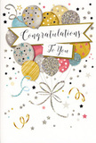 The congratulations card shown here captures the essence of a light, joyful celebration, reminiscent of a small gathering in a cosy Dartmouth Park living room when good news arrives. At its centre, a bouquet-like arrangement of illustrated balloons rises upwards, the shapes partially overlapping to create depth and visual interest. The balloons are coloured in an elegant mix of metallic gold, silver, champagne, sky blue, blush pink, and soft grey, giving the impression of gentle shimmer rather than bold glare. Each balloon is subtly unique: some wear tiny star patterns scattered across their surface, others display fine vertical stripes, while a few glisten with dotted, glitter-inspired highlights that imply a slightly textured finish. Slender strings trail from the base of each balloon, drawn in looping, curving lines of gold and silver that mimic the way real ribbon would fall from a celebratory bouquet. Around this central cluster, small stars, confetti-like specks, and curly ribbon motifs drift across a clean, light background, adding a sense of movement and festivity without overwhelming the design. A softly curved banner runs through the middle portion of the card, carrying the words Congratulations To You in smooth, flowing calligraphy that feels both sincere and stylish. The mood is one of understated glamour and heartfelt joy, ideal for commemorating achievements from new jobs to graduations, or even a house move into the Dartmouth Park area. It is easy to imagine this card being delivered alongside fresh flowers, its delicate design quietly amplifying the message of pride and celebration.