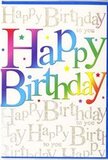 The scene captures a joyful birthday card that could easily be paired with a vibrant bouquet arriving at a home near Dartmouth Park. Prominently stretching across the front is the phrase Happy Birthday, written in broad, welcoming letters that feel almost hand-painted. Each letter transitions through a smooth rainbow gradient: deep cherry reds slide into rosy pinks, which flow into tangerine, warm gold, grassy green, teal, and sapphire, finally lighting up into cheerful yellow highlights. The colour changes are gentle and harmonious, giving the sense of a continuous band of light rather than sharply separated stripes. Around this central greeting, tiny multicoloured specks and star-like shapes float across the surface, evocative of party confetti settling after a burst of laughter or the scattered petals that remain on a florist's bench after crafting a bright birthday design. In the background, lines of fine, looping script repeat the words Happy Birthday to you in a delicate, gold-hued font. This cursive writing is smaller and more understated than the main text, forming a subtle, shimmering veil behind it, similar to the way soft foliage frames bolder blossoms in a floral arrangement. The golden script appears slightly reflective, catching the light in a way that adds quiet elegance to the card. The finish looks smooth and lightly glossy, giving the impression of a quality greeting card chosen with care. Altogether, the design communicates an easy, heartfelt joy with a refined touch, echoing the character of Dartmouth Park's calm, tree-lined roads and the thoughtful celebrations held within its homes.