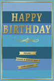 This image shows a stylish birthday card designed with a calm, layered palette of blues and refined gold accents, the kind you might find thoughtfully chosen in a Dartmouth Park home. The background is structured in wide horizontal stripes, each stripe a slightly different shade of blue, flowing smoothly from a deep navy top band through mid-tone ocean and teal blues to softer, lighter shades at the bottom. This gradual transition feels like watching dusk melt into evening over the skyline. Centred on these bands is the large, embossed greeting HAPPY BIRTHDAY, written in bold gold capitals. The letters are raised and glossy, catching and reflecting light with a gentle metallic sheen that suggests a high-quality finish. Beneath this main title, a delicate golden flourish curls in a symmetrical, scroll-like pattern, adding a decorative pause before the lower text. In the bottom portion of the card, three narrow golden banners are arranged one above the other. Each ribbon-shaped strip is carefully aligned and together they form a friendly line of text that reads: Relax, have a great day and enjoy! The words feel unhurried and sincere, encouraging the recipient to step back from the rush of city life for a moment of birthday ease. A fine gold border surrounds the card, giving it a framed, complete appearance as if it were a small piece of artwork. The surface has a smooth, softly matte look, allowing the lustre of the gold elements to stand out. You can easily imagine this card propped beside a vase of fresh birthday blooms delivered locally, its cool tones and subtle shimmer adding to the gentle, celebratory atmosphere of the day.